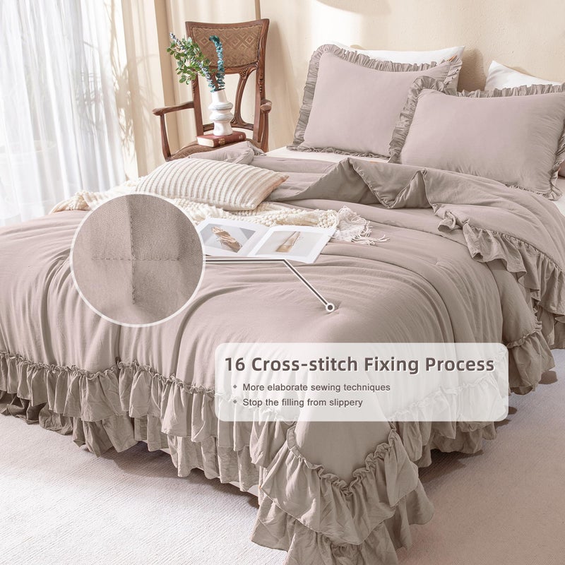 QSH Shabby Ruffled Comforter Set 3 Pieces, Lightweight Taupe Bed Comforter,Microfiber Inner Fill Bedding King Size - Image 4
